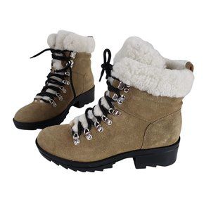 Marc Fisher Brylee Shearling Lace Up Leather Boots Real Sheep Fur Trim Booties